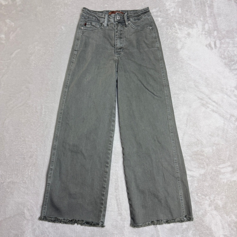 Judy Blue Wide Leg Cropped Jeans Women 0/24 Olive Green Raw Hem Boho Festival EC